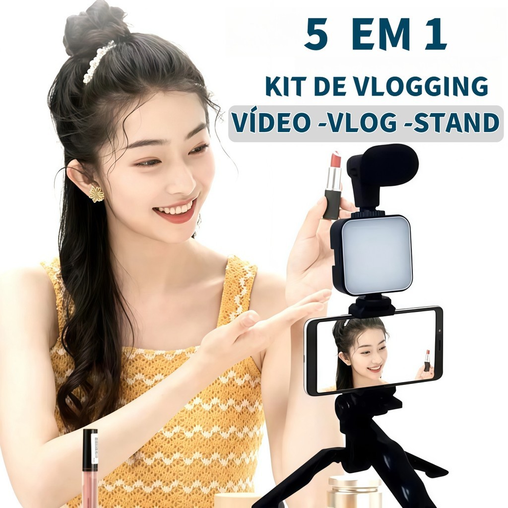 Tripé Estabilizador de Mão kit 5 em 1 gimbal Microfone Celular Gravação De Vídeo