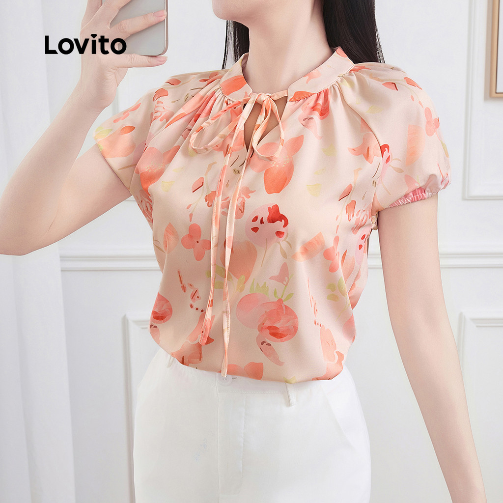 Lovito Blusa Elegante Ditsy Floral Lace Up Blusa Plissada De Verão/Primavera Para Mulheres L128ED704 - Women Clothes