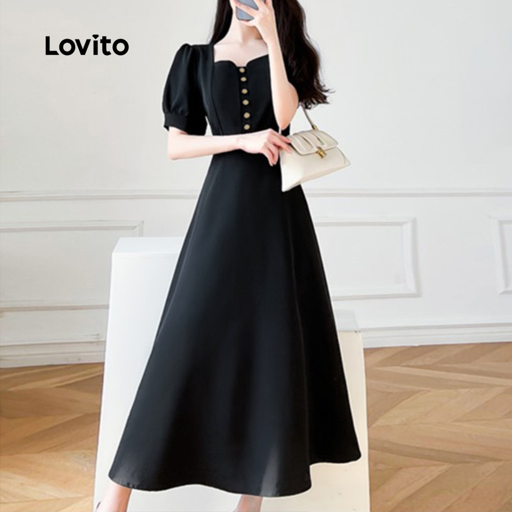 (Trendy) Lovito Vestido elegante com estrutura lisa e botão frontal para mulheres L129ED626 - Women Clothes