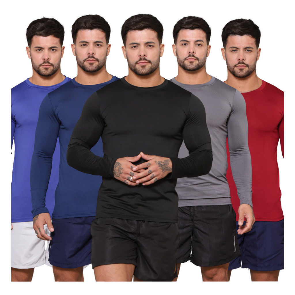 Kit 5 Camisetas Masculinas Manga Longa Dry Fit Slim Proteção Uv Leve