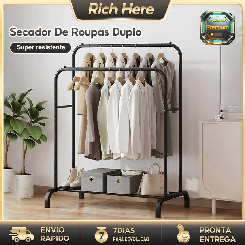 Cabideiro de Chão com Sapateira - Rack Organizador Portátil e Regulável para Roupas e Calçados