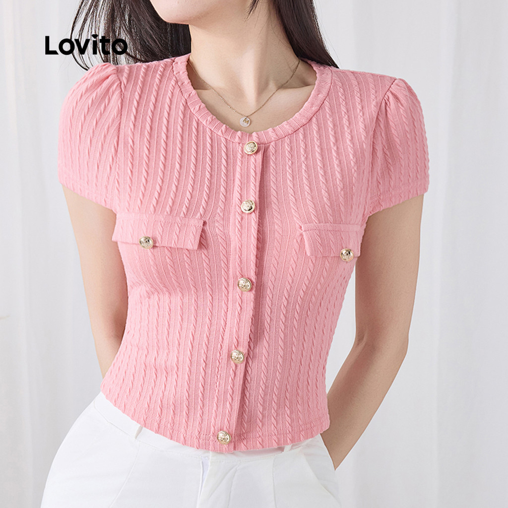 Detalhes do Lovito Blusa Feminina Sofisticada de Botão Lisa L132ED246