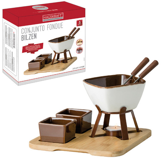 Kit Aparelho Fondue Em Cerâmica 300ml Base Em Bambu 8 Peças