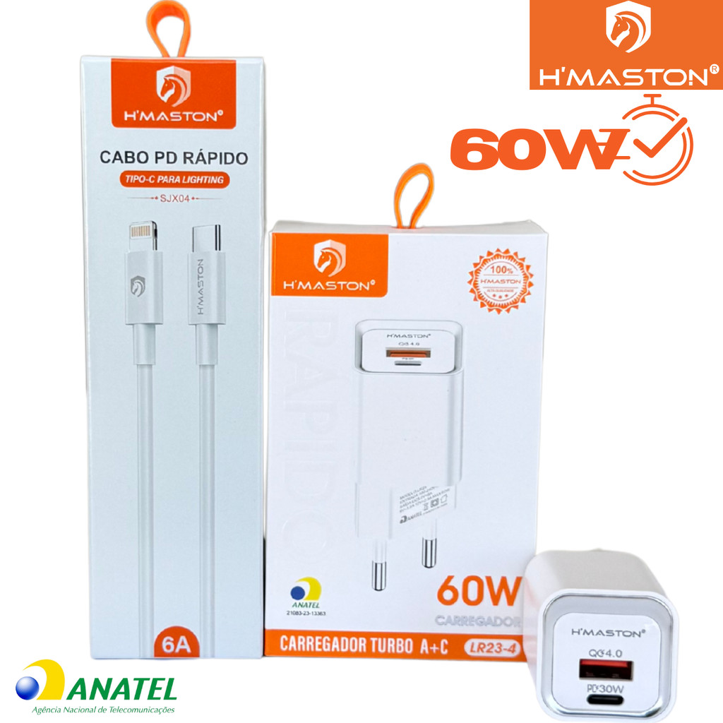 Carregador para Iphone Turbo 60W Porta Dupla + Cabo 1 Metro Lightning H'Maston LR23-4 em Oferta na Shopee