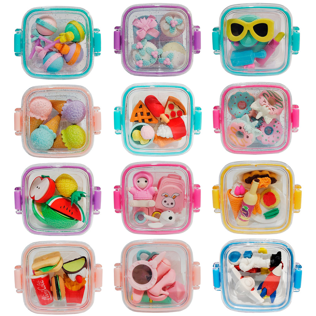 Kit Borrachas Formato de Comidas e Objetos c/ Pote com Travas Qihao