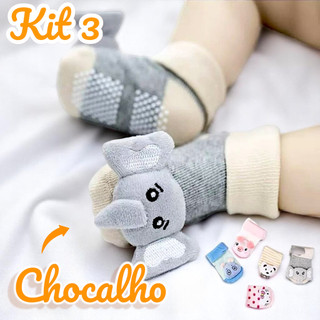 Kit 3 Meia Infantil com Chocalho Inverno Meias Bebê Menina Menino Antiderrapante Feminina Masculina
