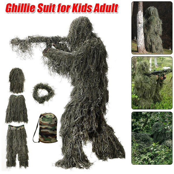 5 Peças de Traje Ghillie Secretivo para Tiro Aéreo, Roupas Verdes para Adultos, Camuflagem Militar para Selva Multicam C