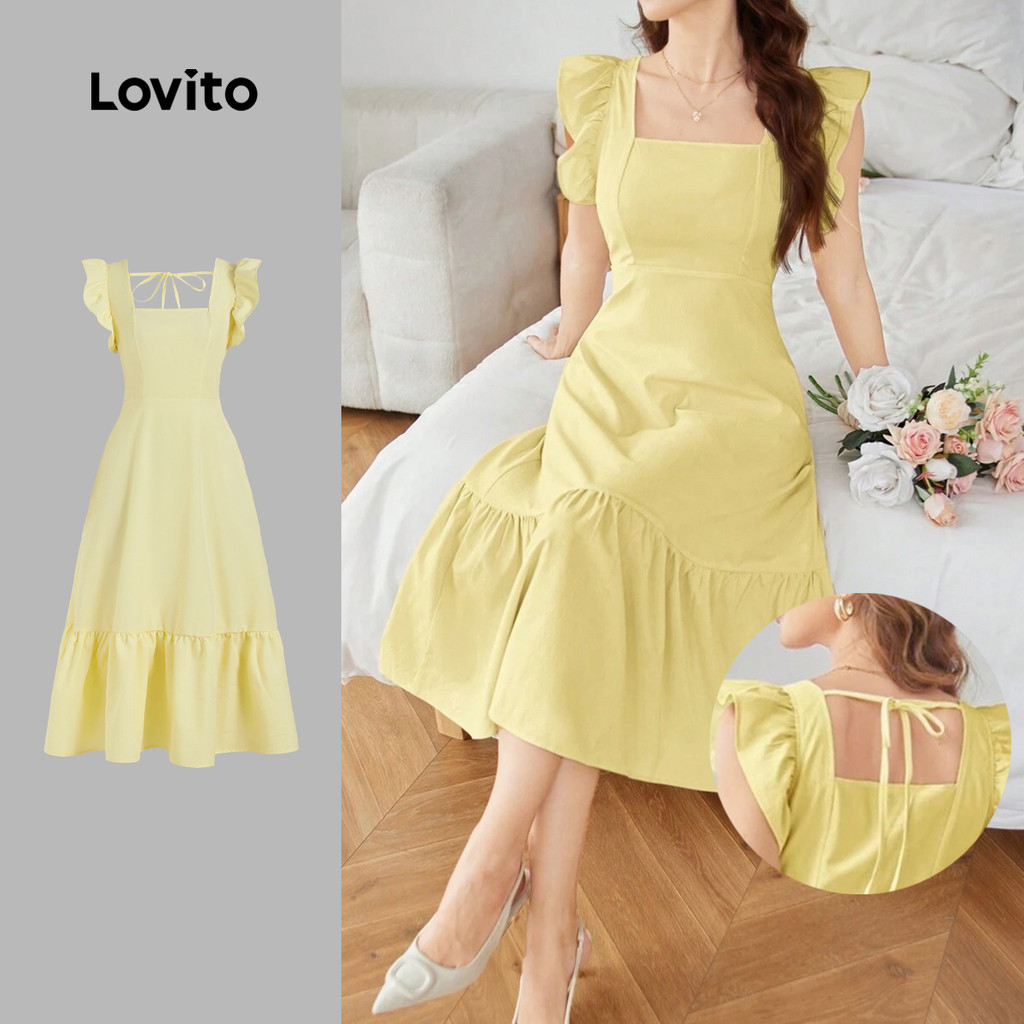 Lovito Vestido Boho liso com babados para mulheres L131ED733 - Women Clothes