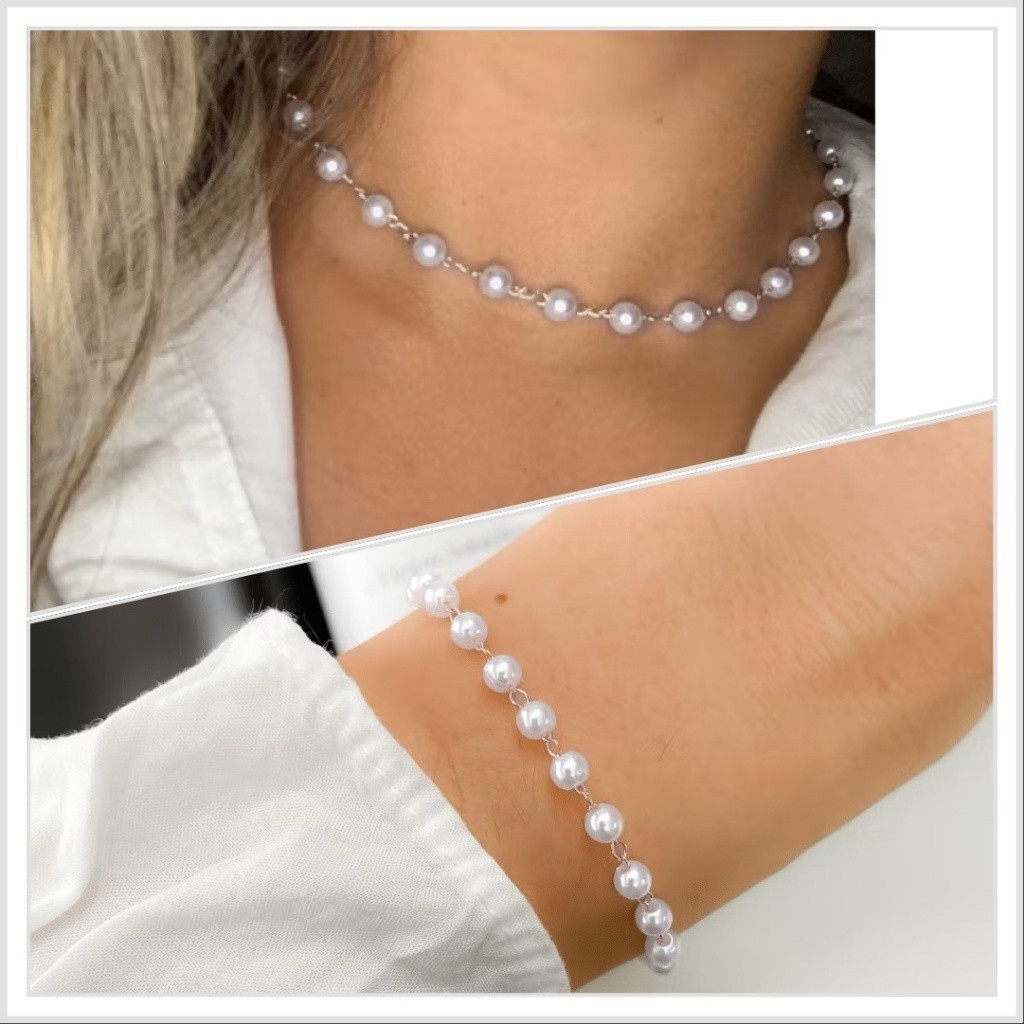 KIT 2 Colar Pérola + Pulseira Pérola Banhado a prata 925 a Ouro 18k