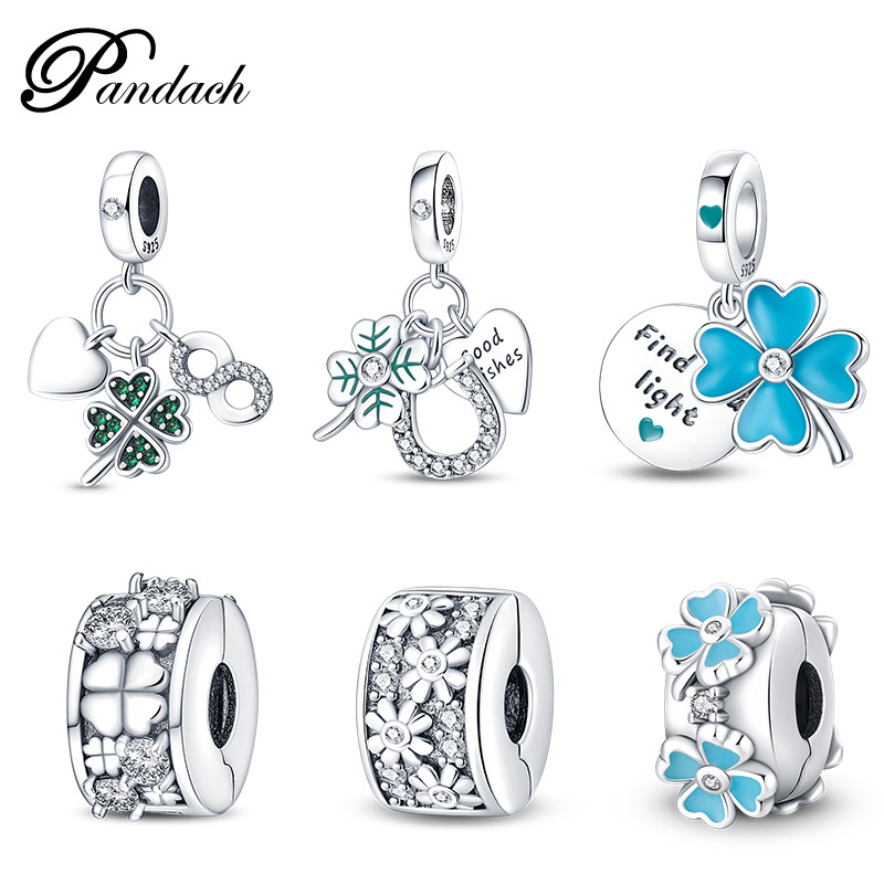 925 prata esterlina trevo de quatro folhas charme luminoso compatível com pulseira Original brilhante zircão contas DIY em Oferta na Shopee