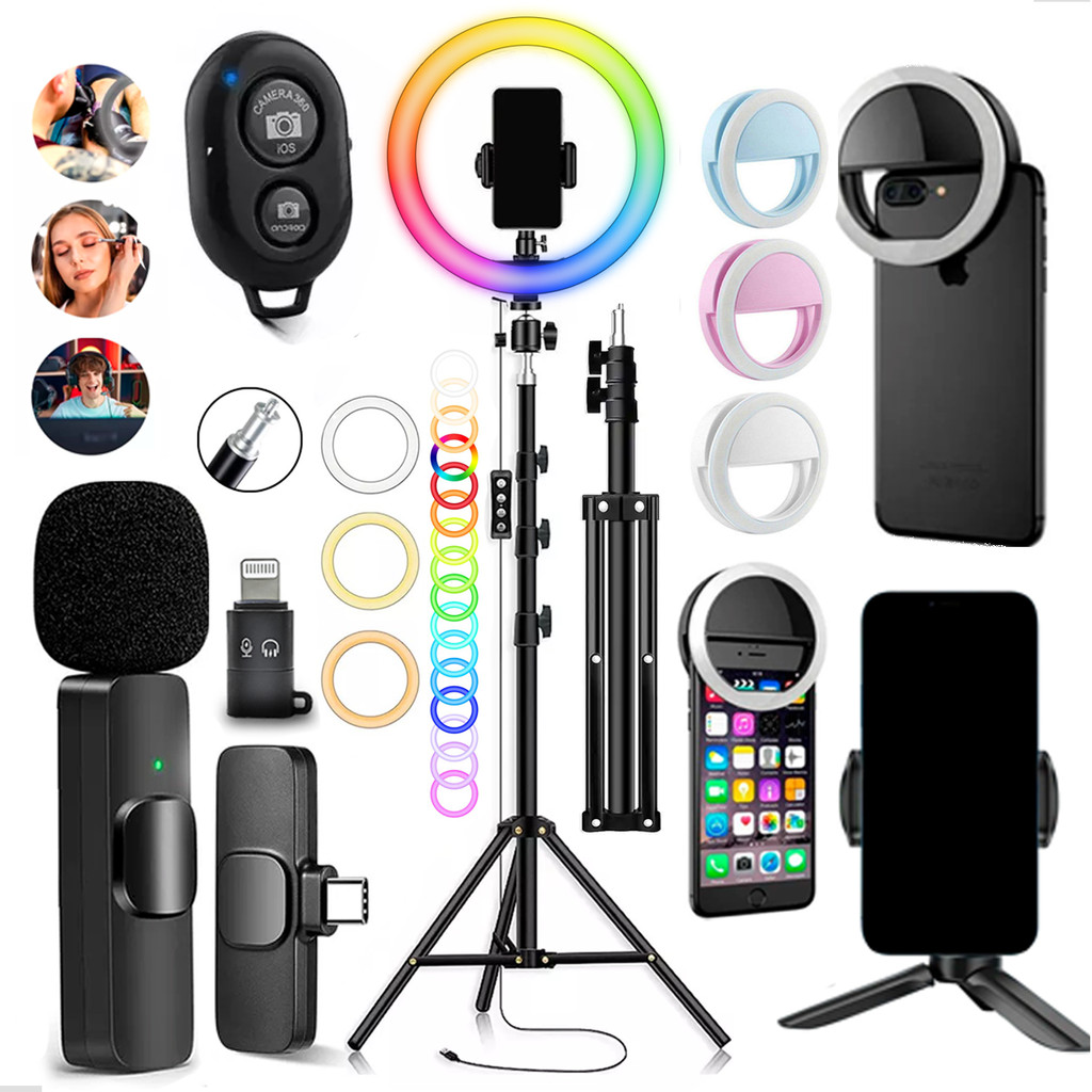 Kit Completo Ring Light 26cm RGB + Tripé + Microfone Bluetooth + Mini Ring