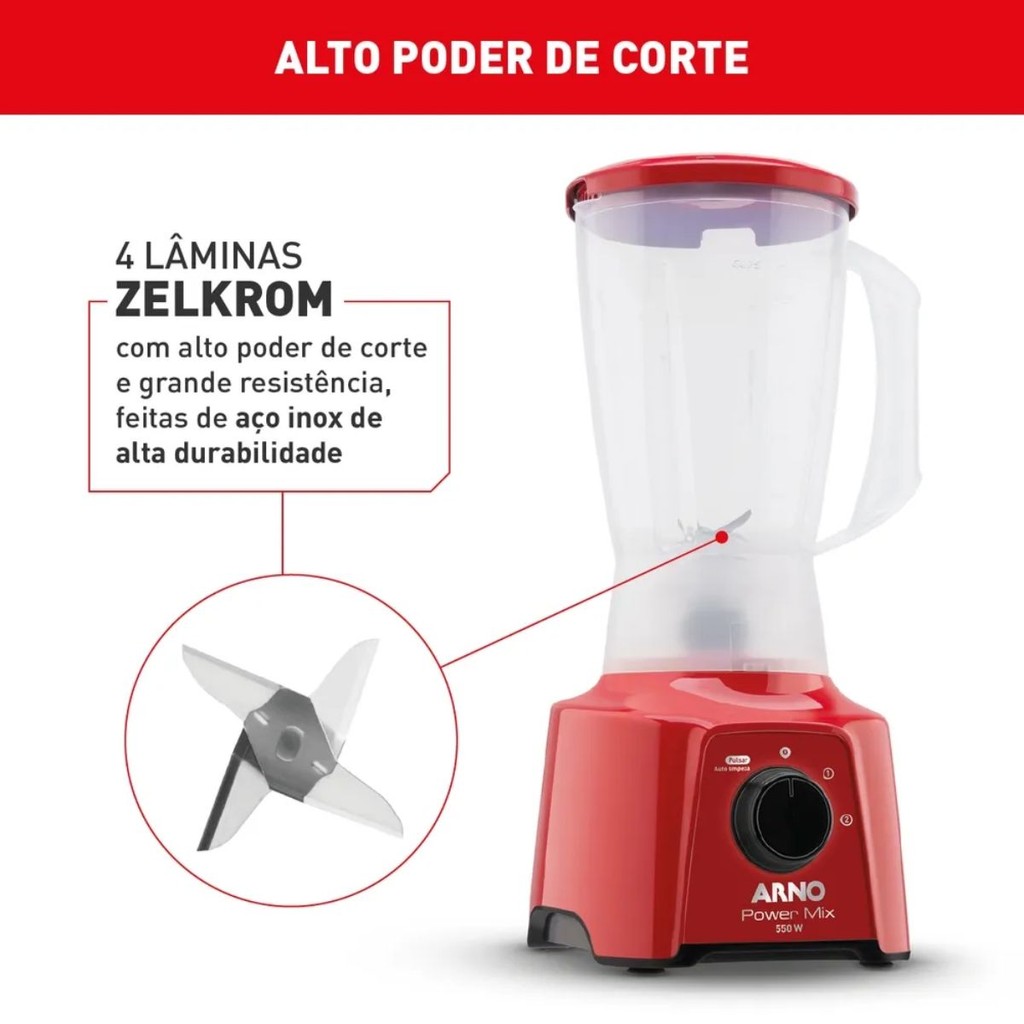 Detalhes do Liquidificador Arno 550W Power Mix Vermelho LQ11 Varra Polipropileno 2 litros 110V