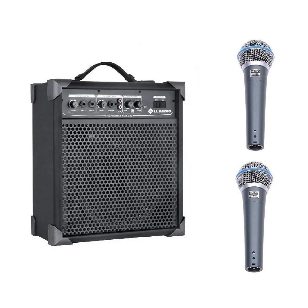 Caixa De Som Amplificada Multi Uso Lx60 + 2 Microfone C/ Fio