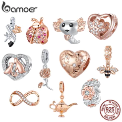 Bamoer 925 Prata Esterlina Charme Contas Rosa Ouro Elegante Coração Pingente DIY Para Pulseira Presente