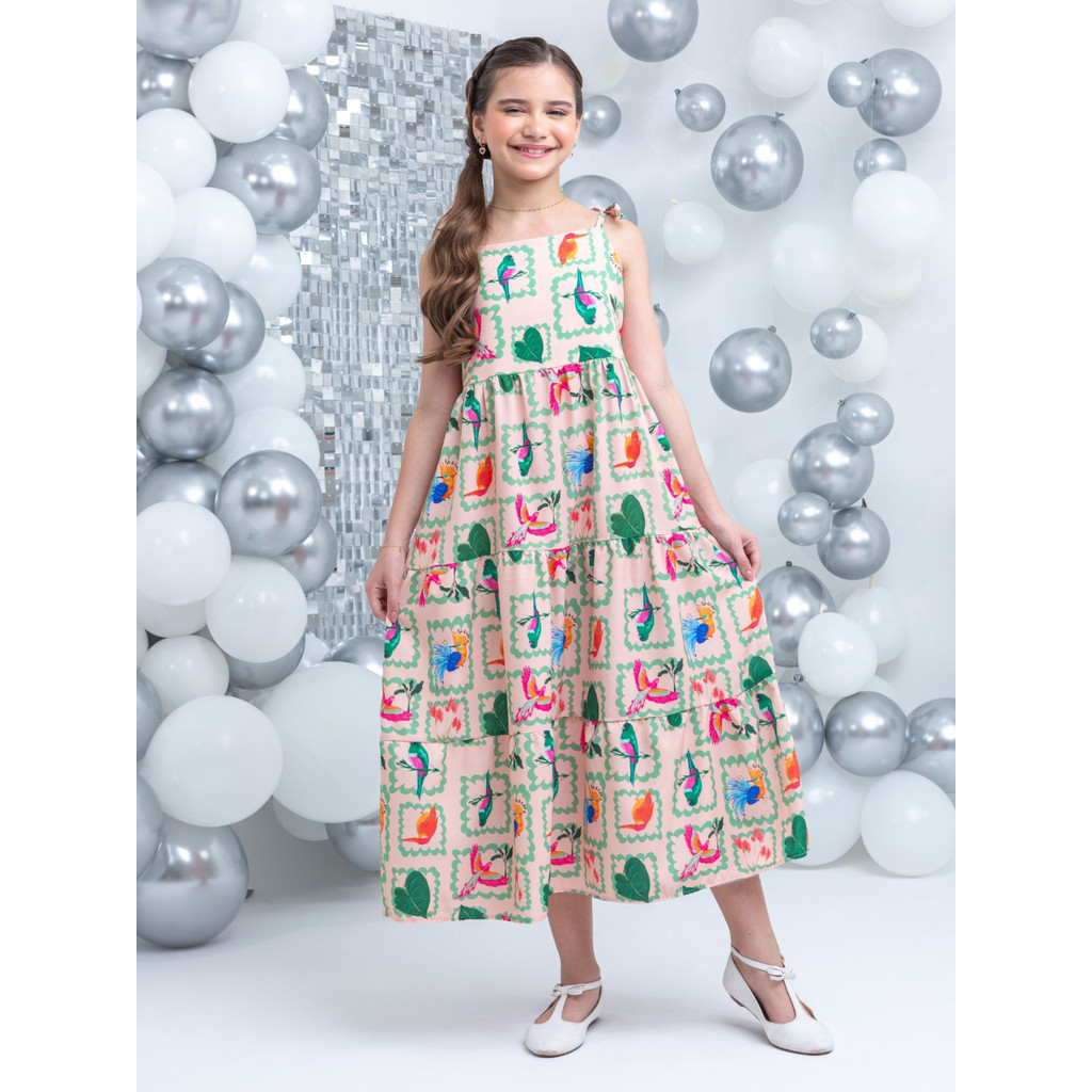 Vestido Longo Beija-flor Estampado Infantil Juvenil, Roupa Menina tam 6, 8, 10, 12 Envio Imediato