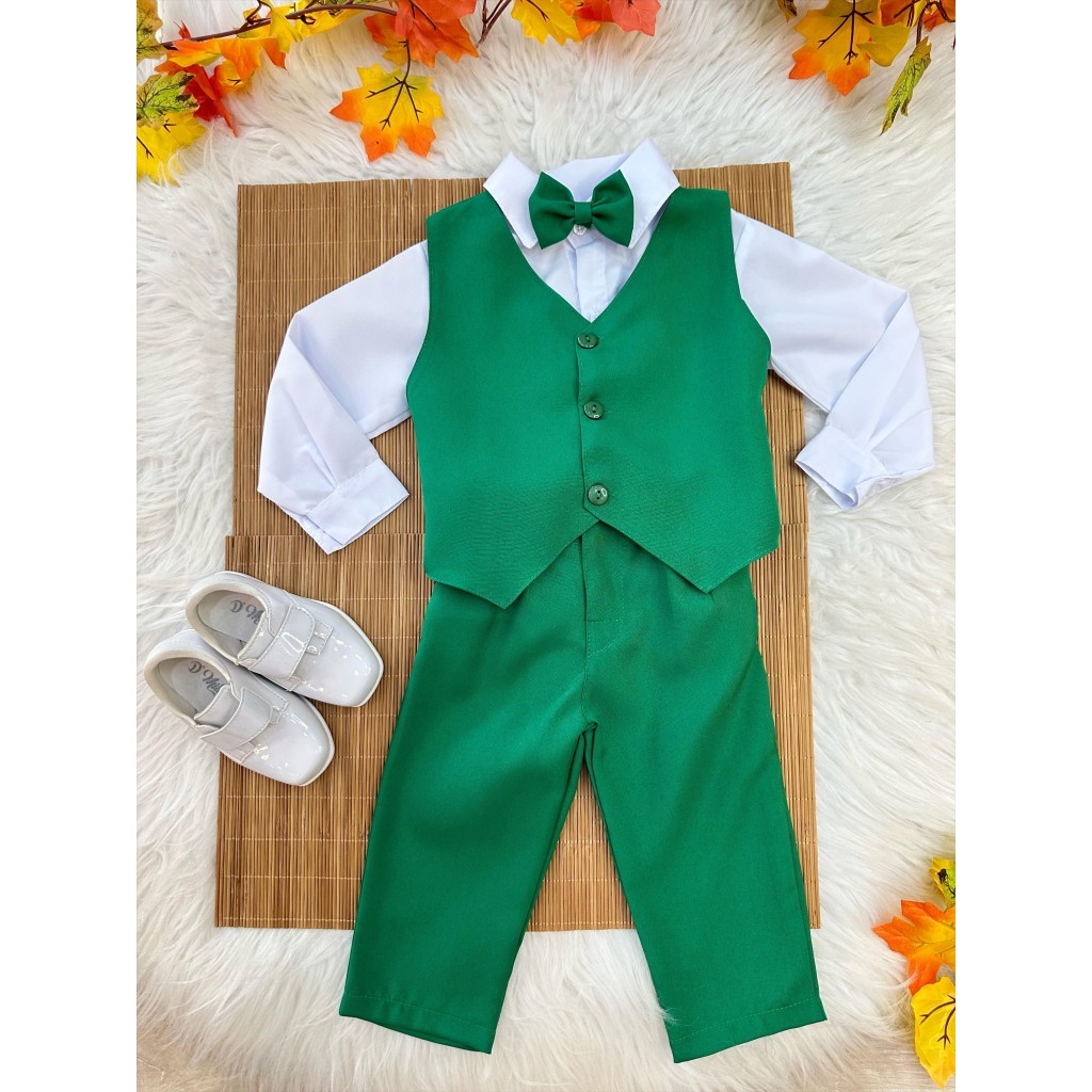 Conjunto Infantil social menino Camisa Branca Calça Colete e Gravata Verde