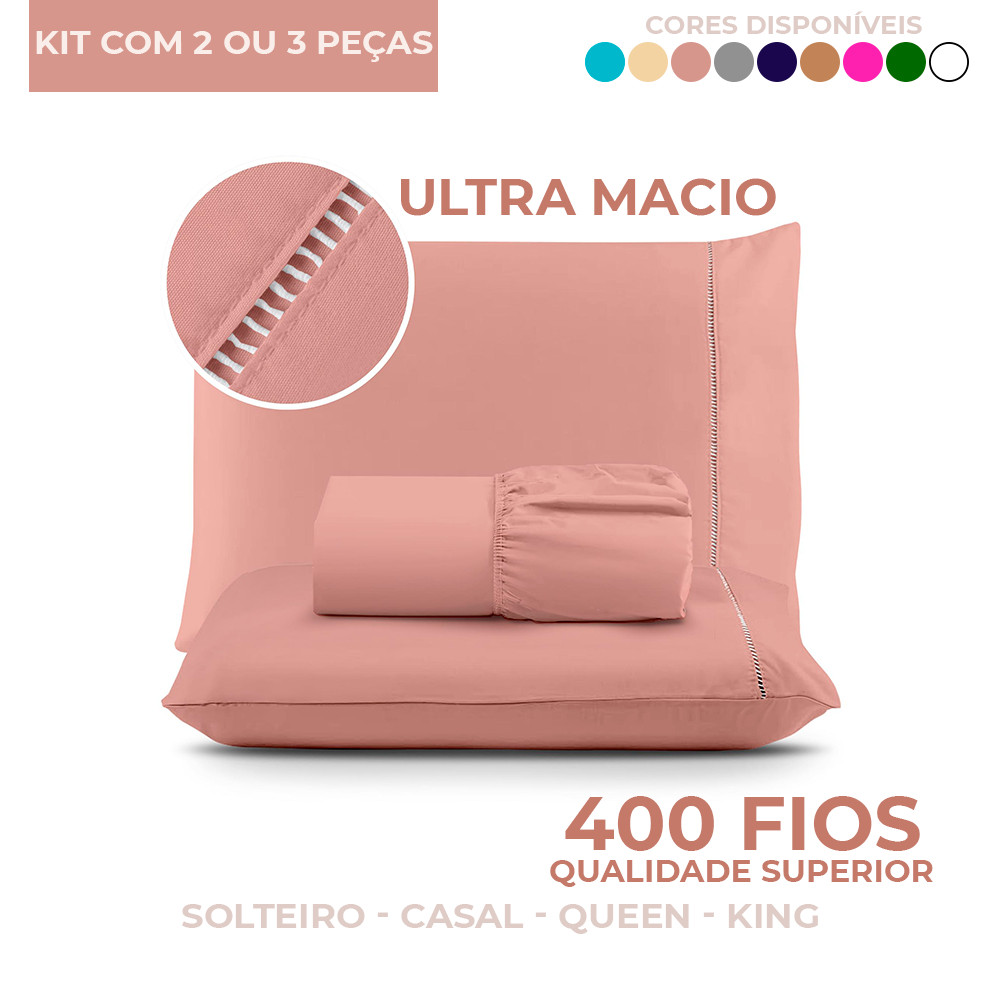 Jogo de Cama 400 fios Micropercal 2 e 3 Peças Ponto Palito Ultra Macio - Solteiro Casal Queen e King