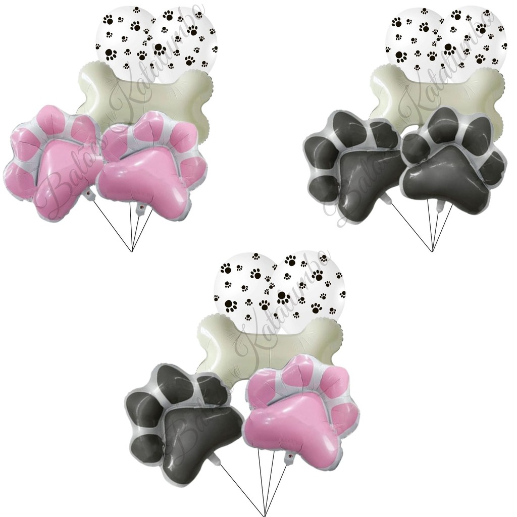 Kit Festa Pet 28pçs: 3 Balões Metalizados Patinha Pet E Ossinho + 25 Balões De Látex Estampado - Festa Decoração Pet