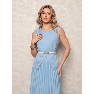 Feminino Conjunto em Alfaiataria com Blusa Ajustada, Cinto Elegante e Saia Plissada Longa - Sofisticação e Estilo em Oferta na Shopee