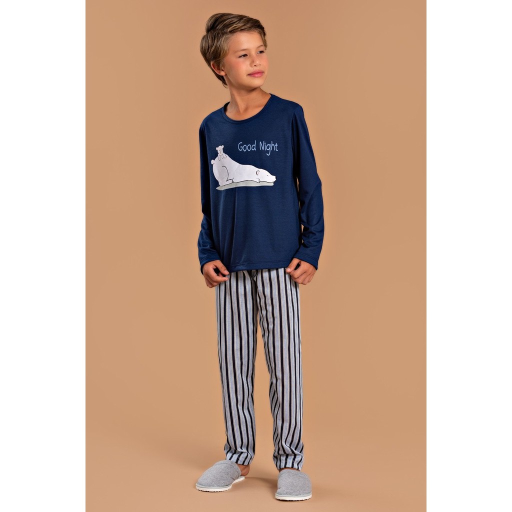 Pijama Longo Masculino Inverno Infantil Calça - Ursinho Azul Marinho