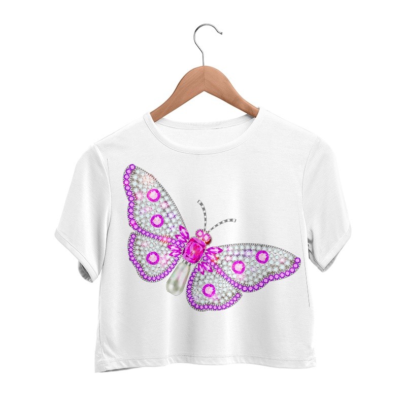 Camiseta Feminina Cropped Branco Borboleta Estampa Pedraria Digital Tshirt