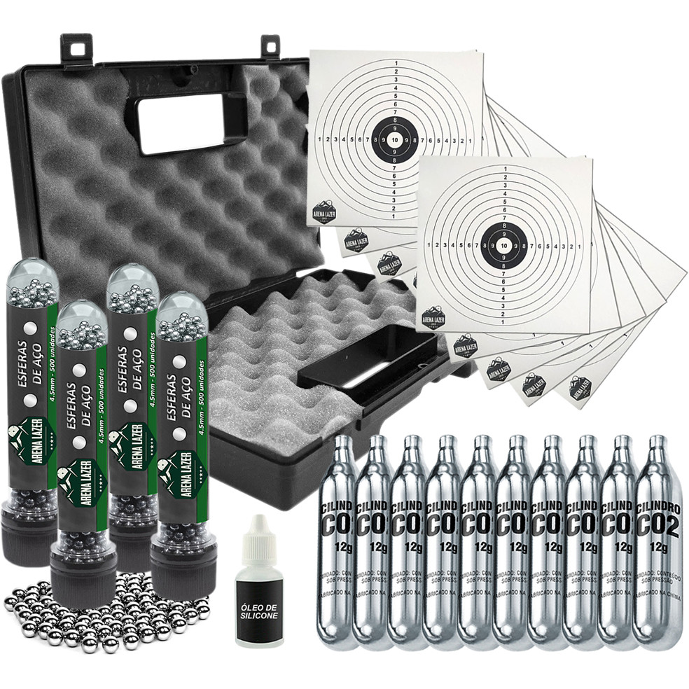 Kit Recarga Completo Esferas 4.5mm + 10 Cilindros Co2 + Maleta Transporte + Alvos + Óleo Lubrificar em Oferta na Shopee