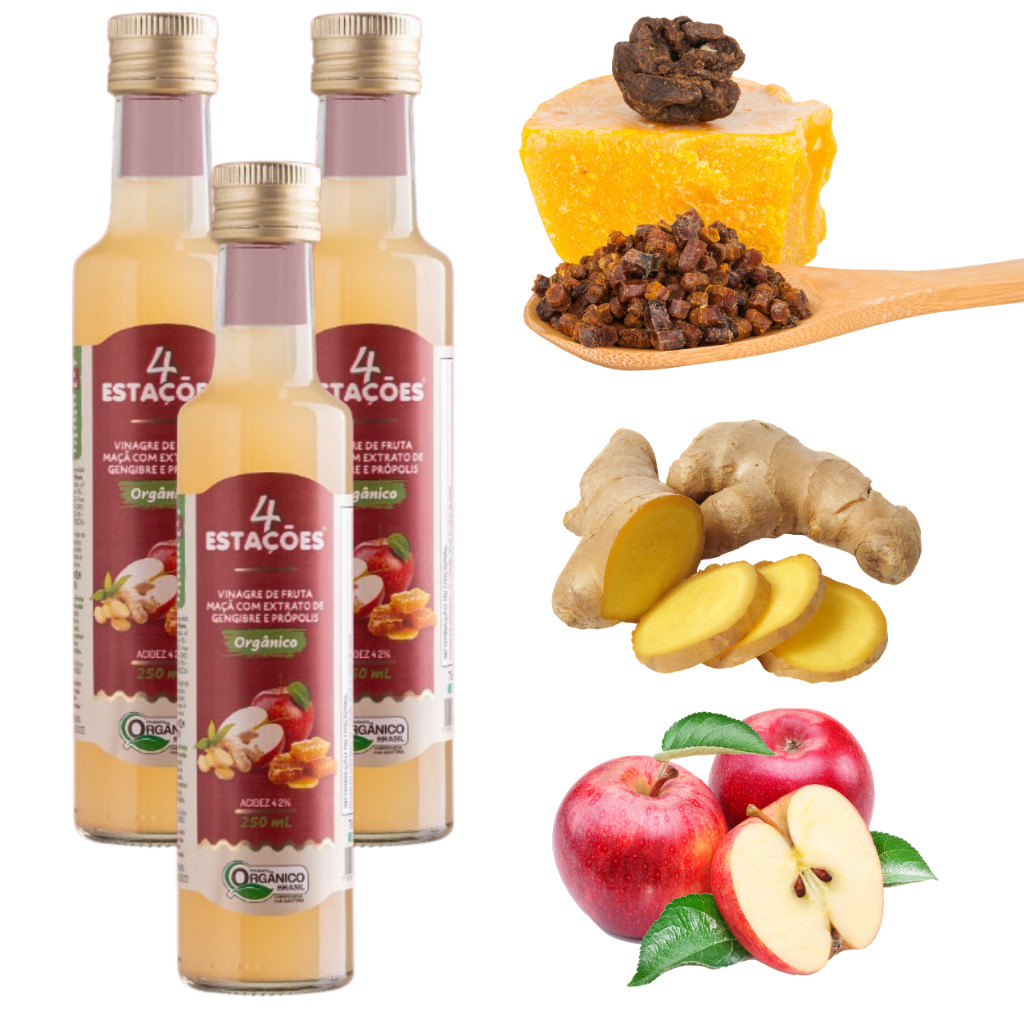 3 X Vinagre de Maça Orgânico com Extrato de Gengibre e Própolis 4 Estações 250ml em Oferta na Shopee