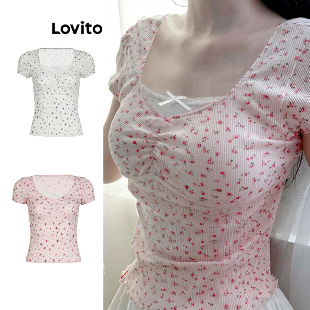 Lovito Camiseta Casual Ditsy Floral Contraste Binding Camiseta Feminina LNE71323 - Women Clothes