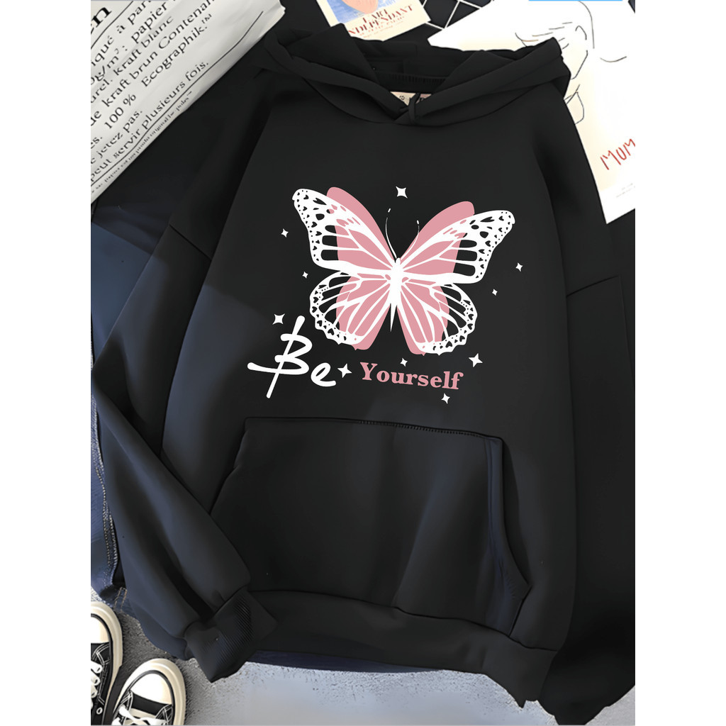 Moletom Canguru Borboleta Be Yourself Blusa De Frio Com Capuz Manga Longa Estampado Casual Unissex TOP