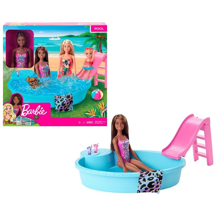 Boneca Articulada Barbie Praia Morena Com Maiô Rosa Festa na Piscina - Piscina Com Boneca e Acessórios - Mattel - GHL92
