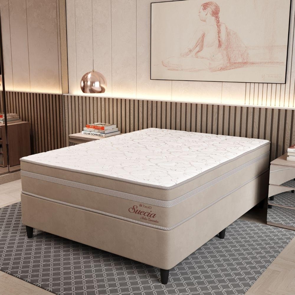 Cama Box Casal (138X188) D26 Molas Ensacadas Creme Suede Suecia Topazio Colchões em Oferta na Shopee