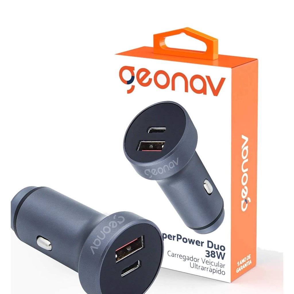 Carregador Veicular SuperPower Duo PD com 38W Cinza Geonav Automotivo Celular USB Tomada