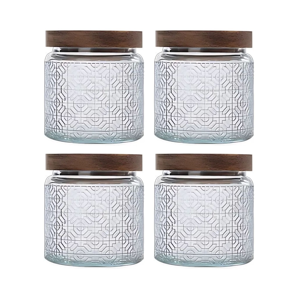 Kit 4 Pote De Vidro Baleiro 550ml Redondo Hermético Tampa Acácia Madeira  Rústico Elegante Versátil