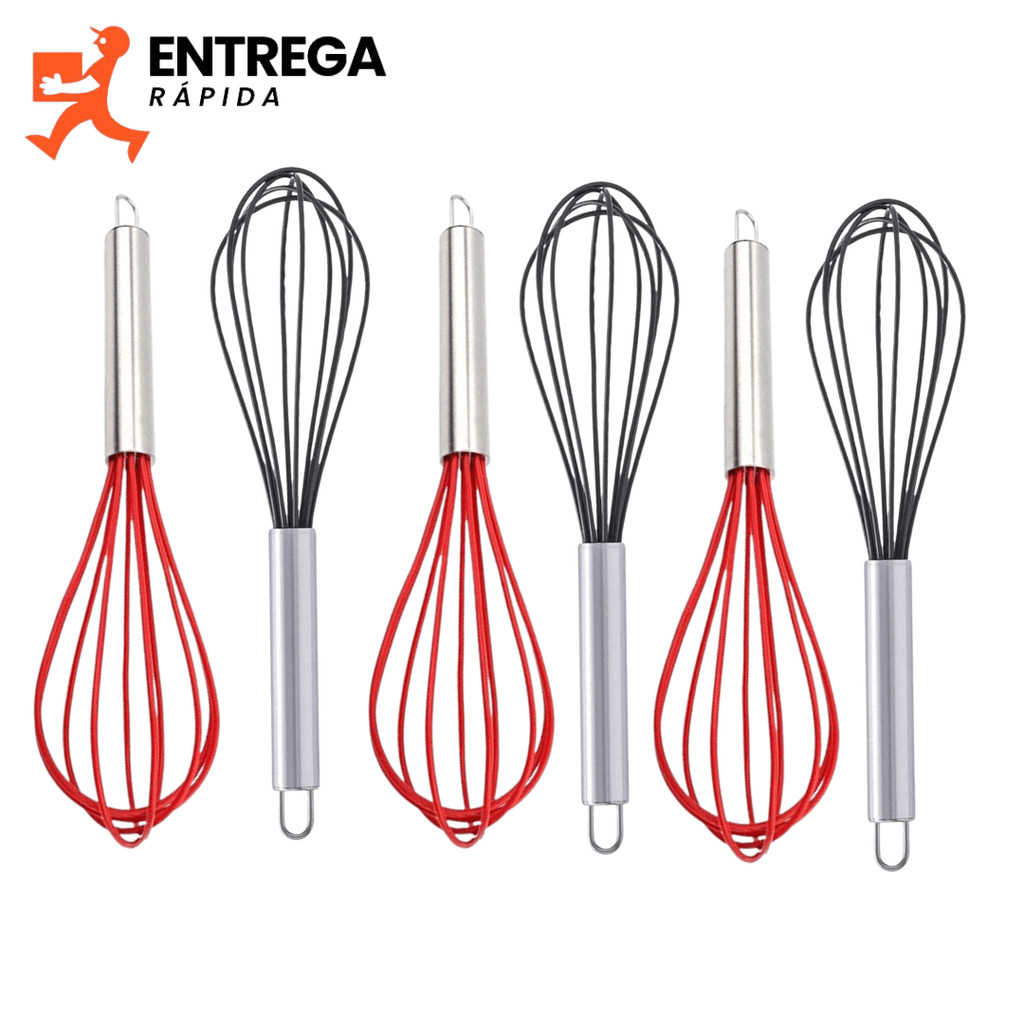 Kit Fouet de Inox com Silicone Profissional Batedor de Claras para Confeitaria e Cozinha
