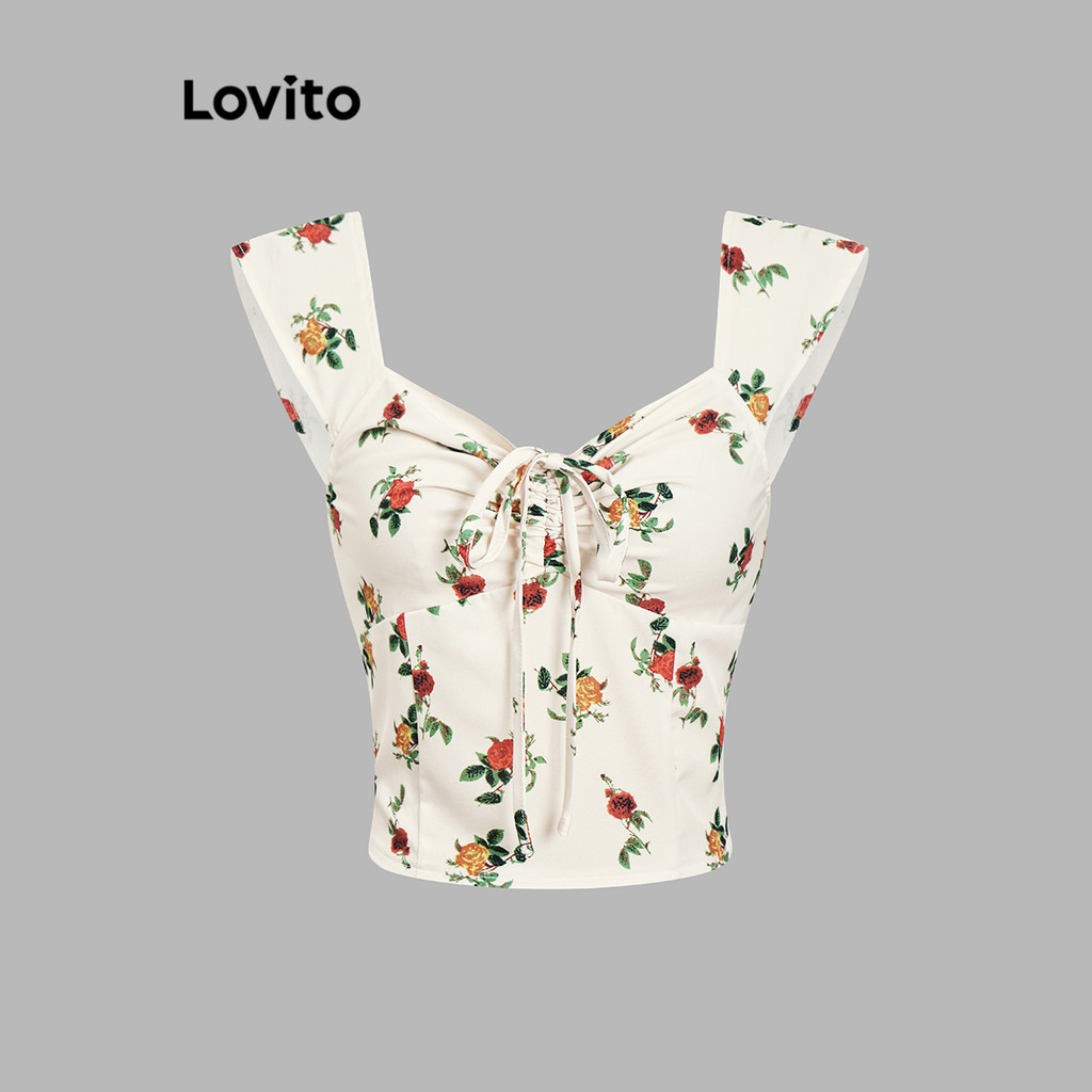 Lovito Casual Floral Bow Plissado Regata para Mulheres L L110AD1295 - Women Clothes