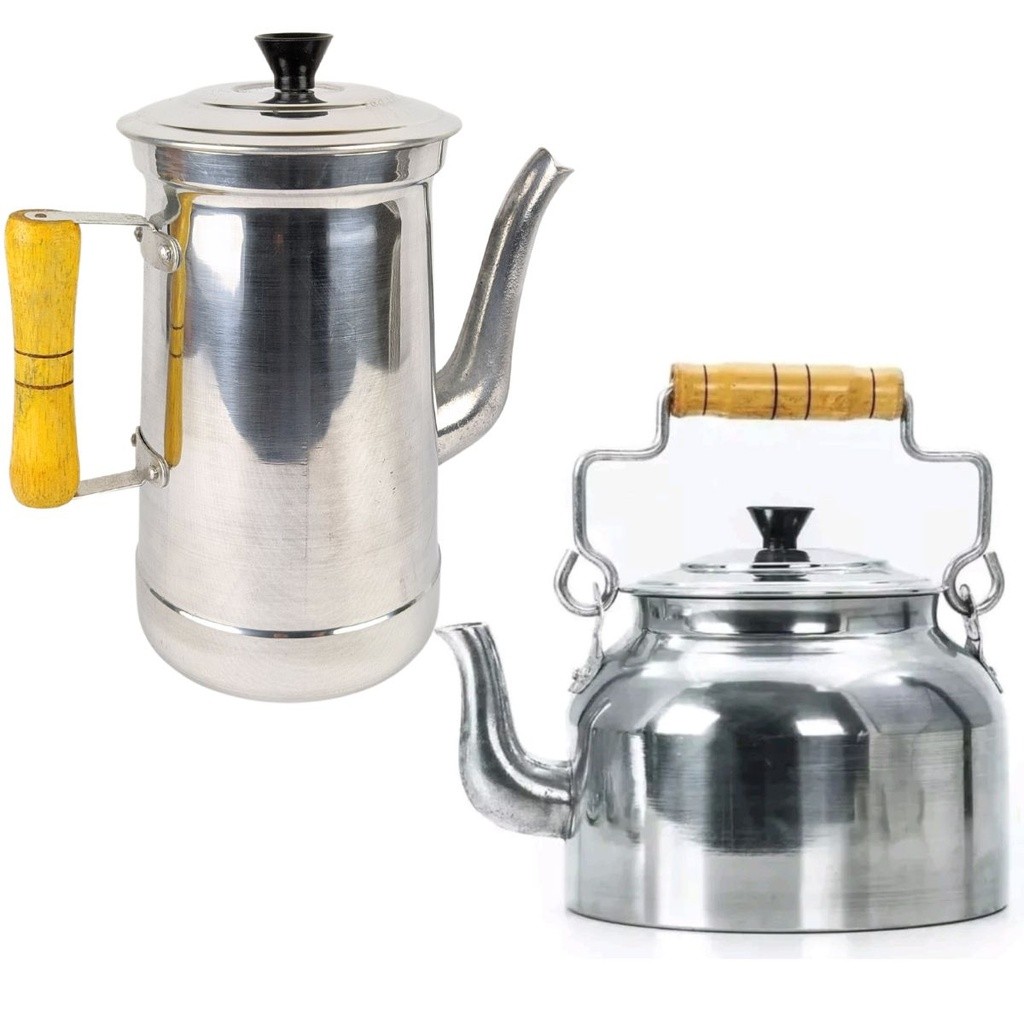 Jogo Chaleira 3L + bule 2L Alumínio polido com alça madeira cozinha multiuso café chá retro Cafeteira