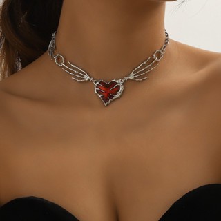 Colar feminino com pingente de caveira estilo punk, com garra, coração vermelho escuro, fashion, colar de clavícula em Oferta na Shopee