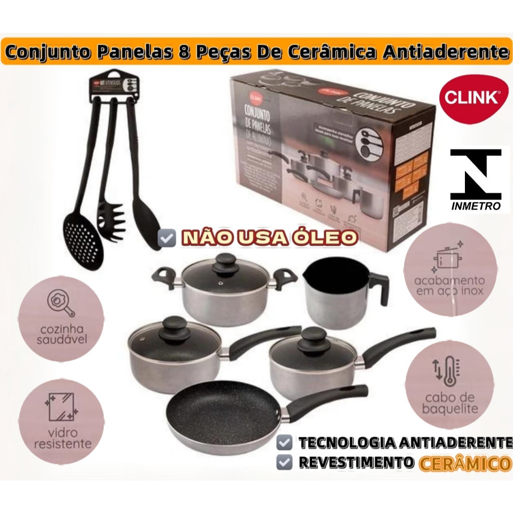 Conjunto De Panelas 8 Pçs Cerâmico Antiaderente Acabamento Aço Inox Tampa De Vidro Premium Inmetro
