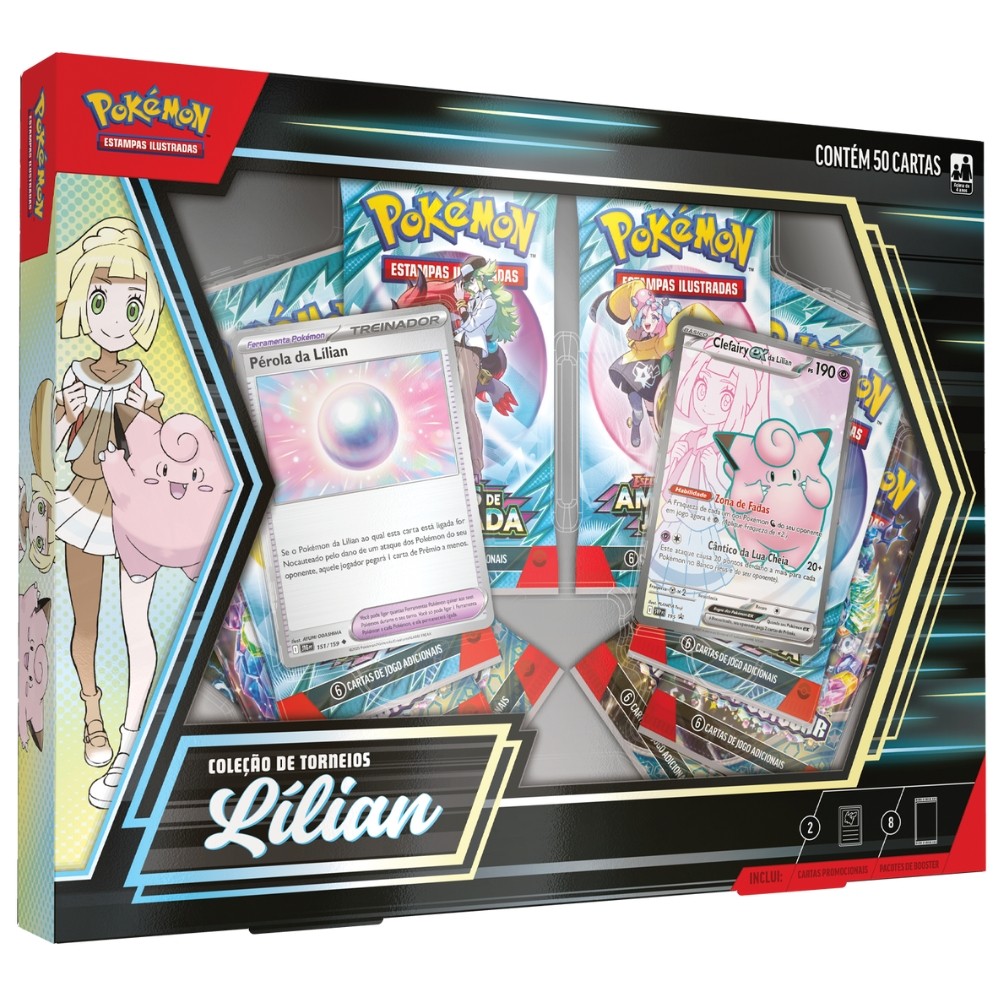 BOX POKÉMON COLEÇÃO DE TORNEIOS LÍLIAN CLEFAIRY EX COPAG 50 CARTAS TCG BOOSTER TREINADOR EV9 PÉROLA em Oferta na Shopee