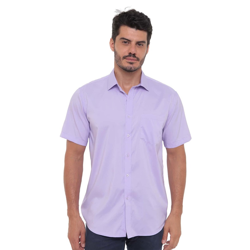 Camisa Social Slim Fit Masculina Manga Curta Lisa Com Bolso em Oferta na Shopee