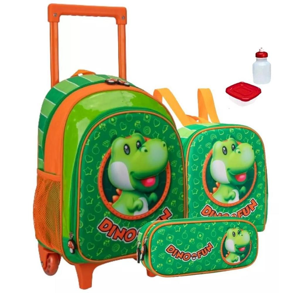 Kit Mochila Dino Fun 3D Escolar 2 Em 1 Alças Rodinhas Tam G - Fenix