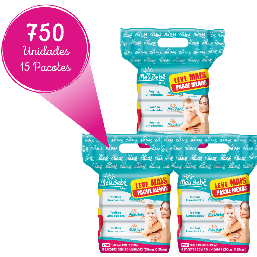 Kit com 750 Toalha Umedecida Meu Bebê - 15  Pacotes com 50 unidades