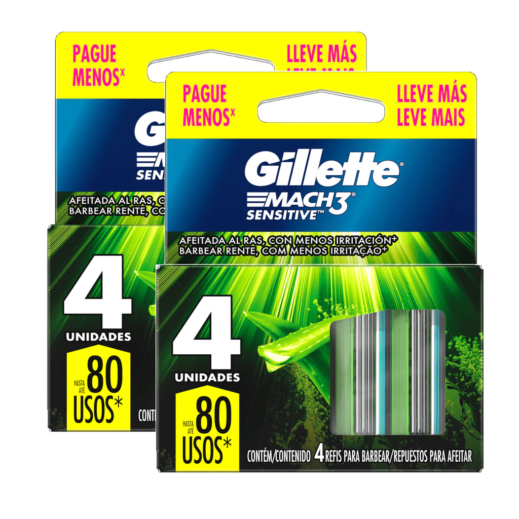 KIT 2 Cargas para Aparelho de Barbear Gillette Mach3 Sensitive com 4 unidades