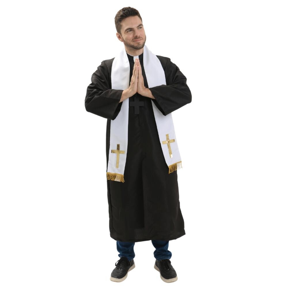 Fantasia Padre Adulto Tunica Preta Com Estola E Crucifixo Preto em Oferta na Shopee