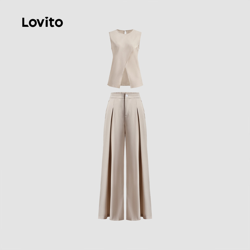 Lovito Conjuntos De Calças Casuais Com Divisão Lisa E Botões Assimétricos Para Mulheres LNE65291 - Women Clothes