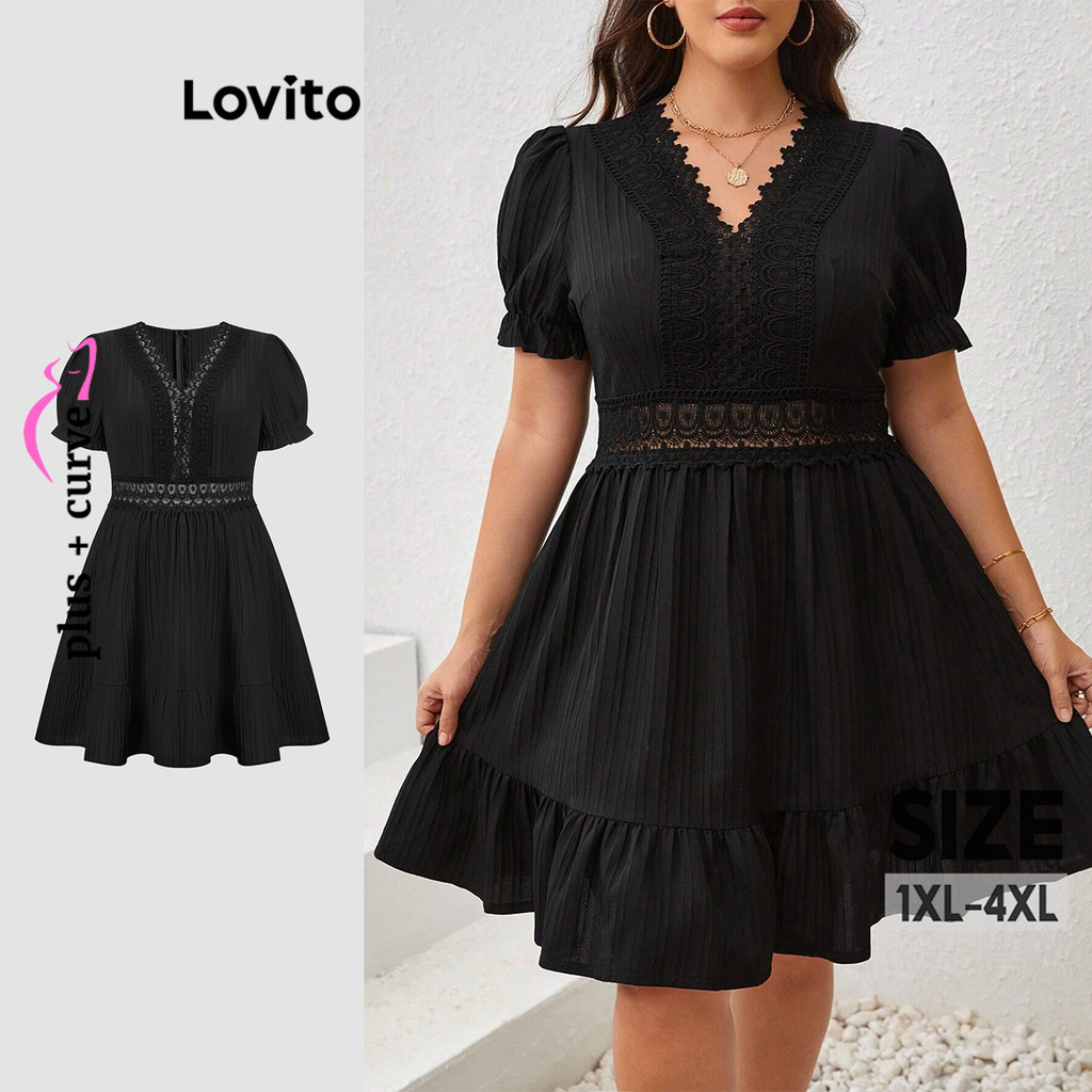 Lovito Vestido Curvo Plus Size Elegante Vestido De Renda Lisa Para Mulheres LBL19816 em Oferta na Shopee