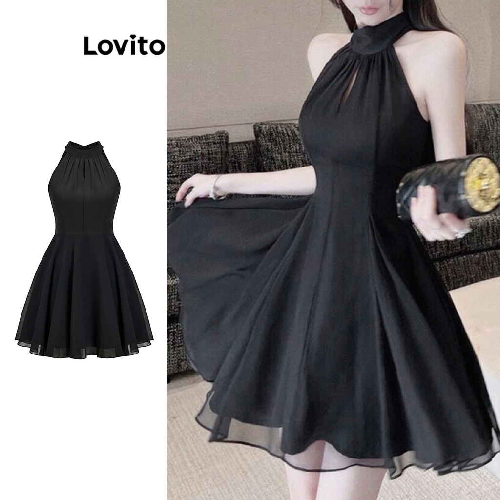 Lovito Vestido Elegante Liso De Camada Dupla Com Amarração Nas Costas Para Mulheres L80ED4...