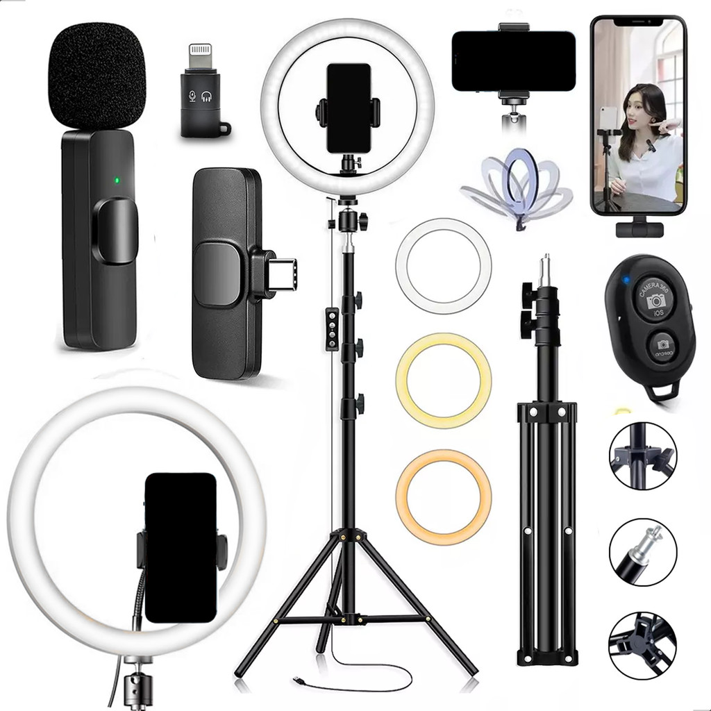 Kit Tiktok Ring Light Grande + Microfone Lapela Bluetooth Wireless Sem Fio + Tripé 2.10m + Controle Selfie