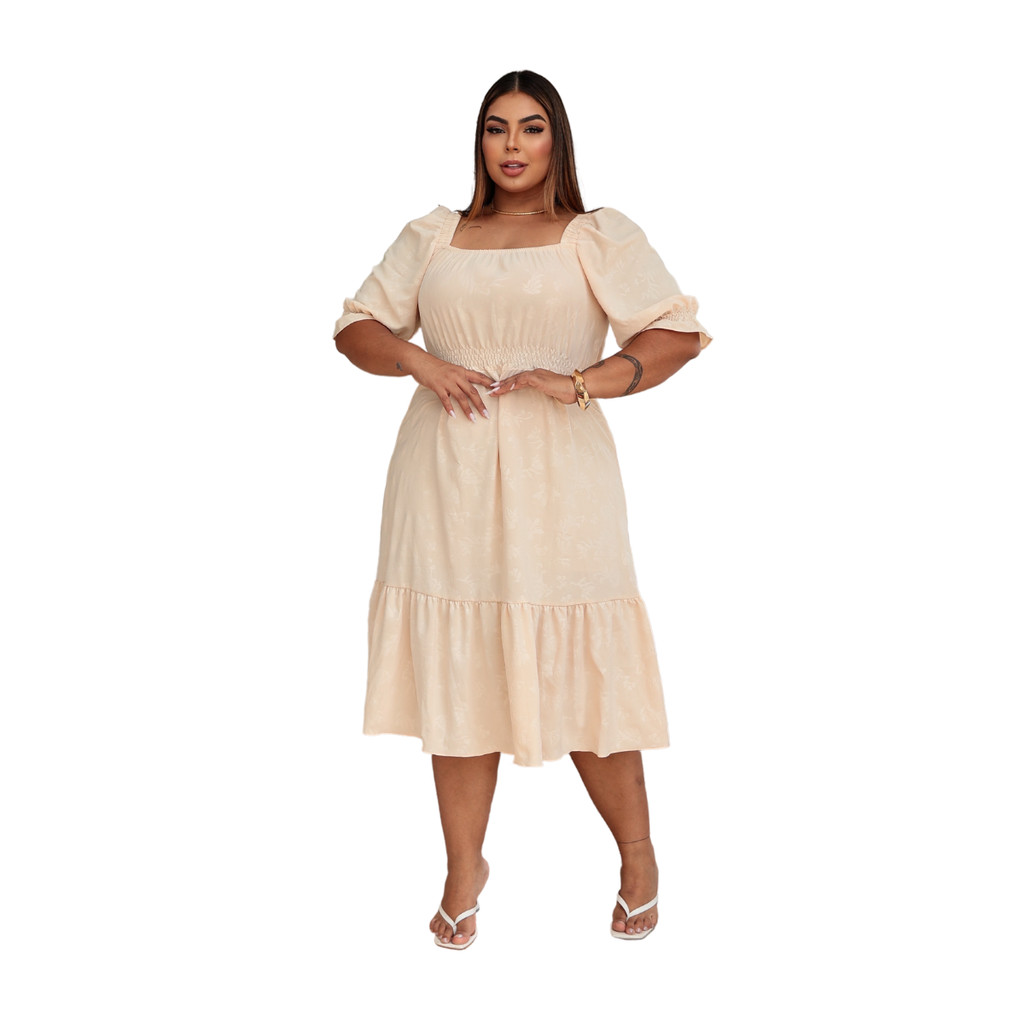 Vestido Midi Feminino Manga Curta Bufante Plus Size Estampa Prensada Decote Quadrado Liso Casual