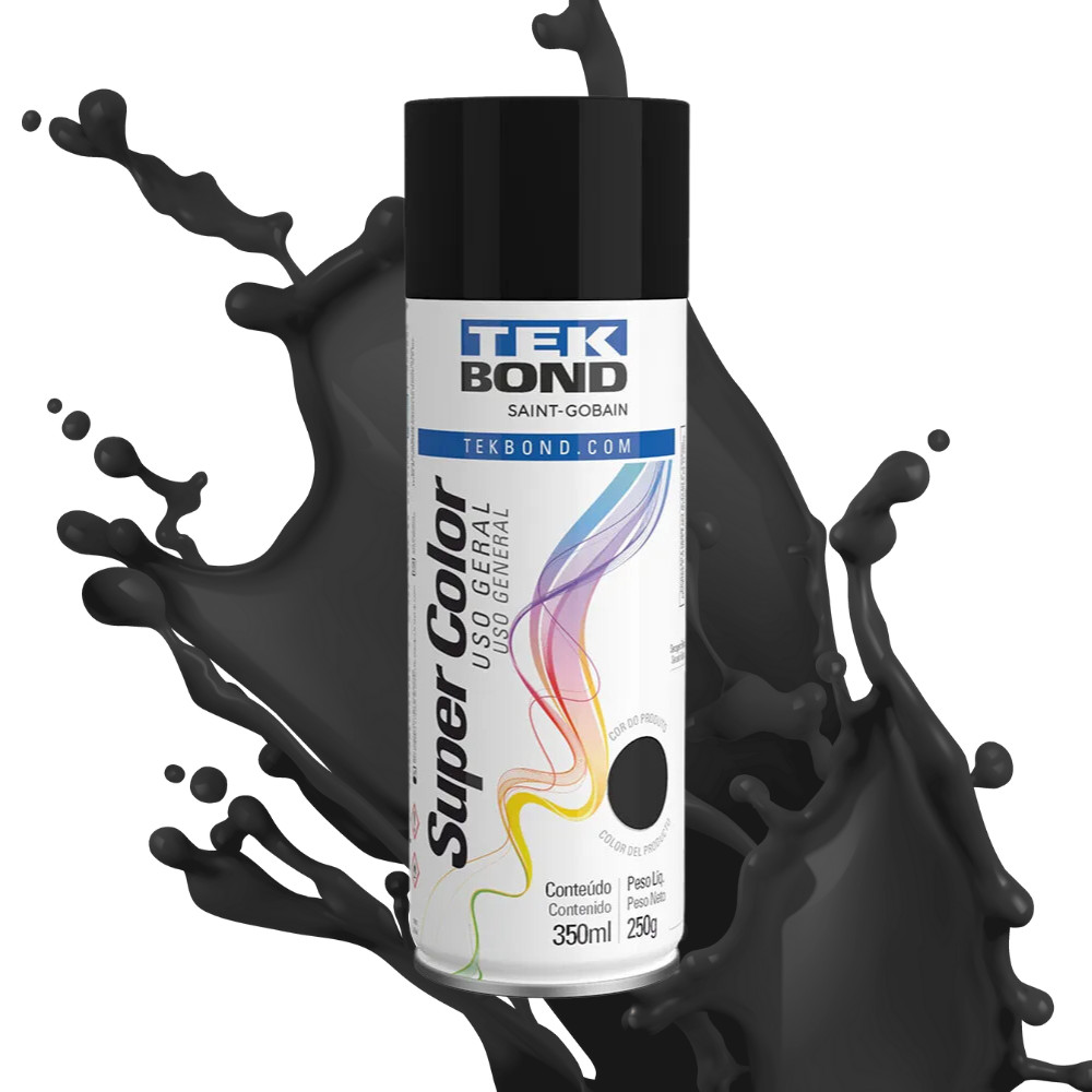 Tinta Spray Preto Brilhante Acrílica Tekbond Uso Geral 350ml Aerossol Secagem Rápida Resistente